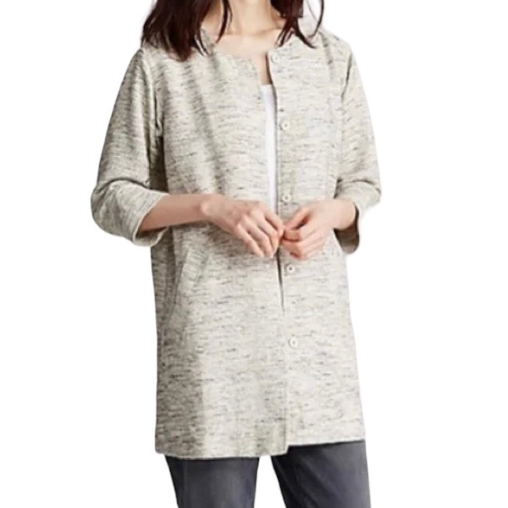 Small Eileen Fisher Long Tweed Jacket Woven Cotton Twist Round Neck Blazer